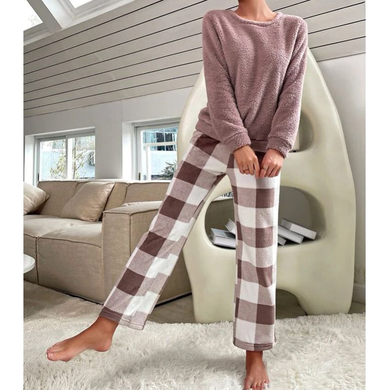 Damen-Nachtwäsche, gemütliches Fleece-Pyjama-Set, warm, kariert, lange Hose, Loungewear für Zuhause, weiches Korallenvlies_voghion.com