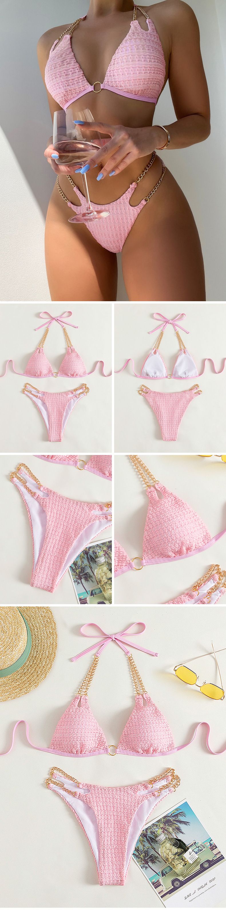 Women’s Clothing Sexy Chain Halter Neck Split Swimsuit Ladies Beach Bikini Hot Spring Swimsuit_voghion.com