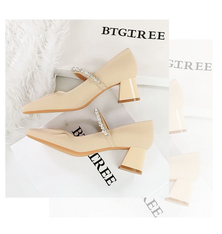5288-17 Scarpe da donna con tacco medio e spesso, versione coreana, con punta quadrata, punta bassa, strass di perle, dritte_voghion.com