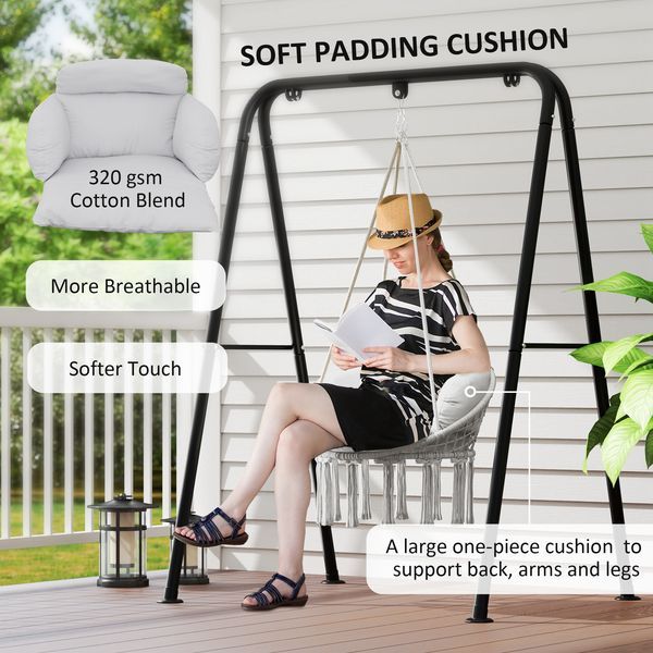 Hammock Swing Chair, Macrame Hanging Chair With Large Cushion, Chain, Steel Frame For Indoor Outdoor Use, Gray_voghion.com