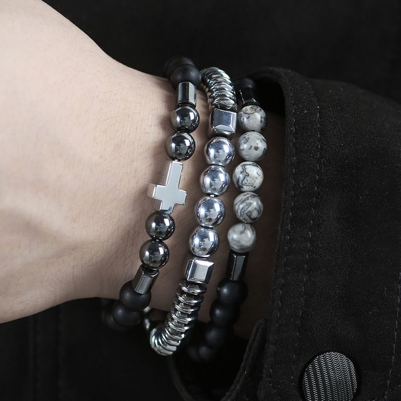 Neu Herren Perlen Armband Set Karte Stein Schwarz Gallenstein Kreuz Armband Elastische Armband Kombination_voghion.com