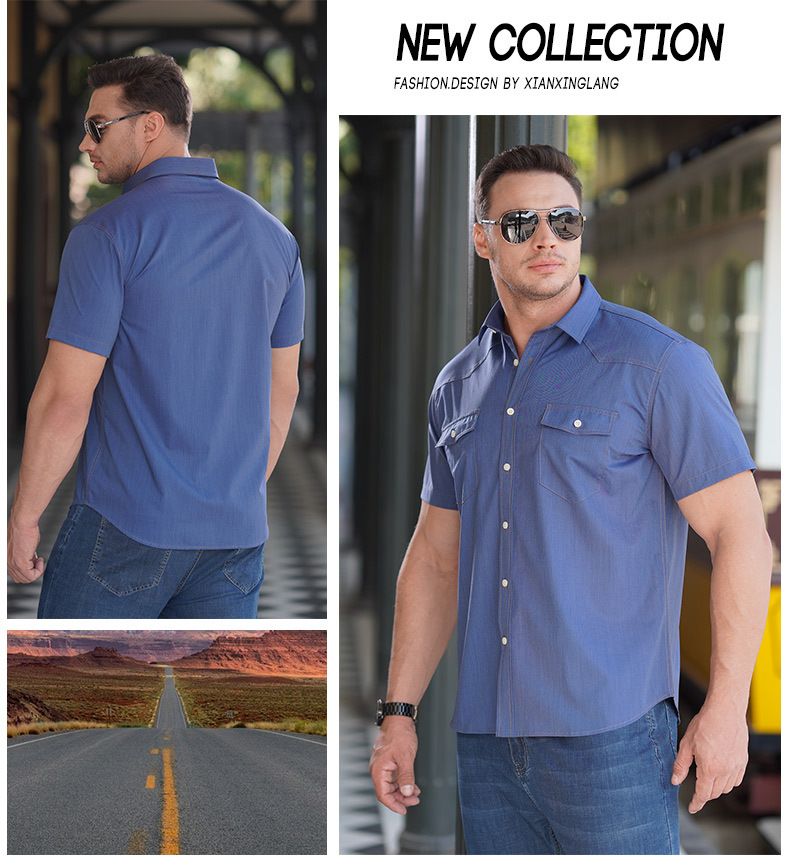 Herrenbekleidung Plus Size Elastic Denim Kurzarmhemd Fat Guy Business Casual Dünnes Hemd Fat Brother Plus Fat_voghion.com