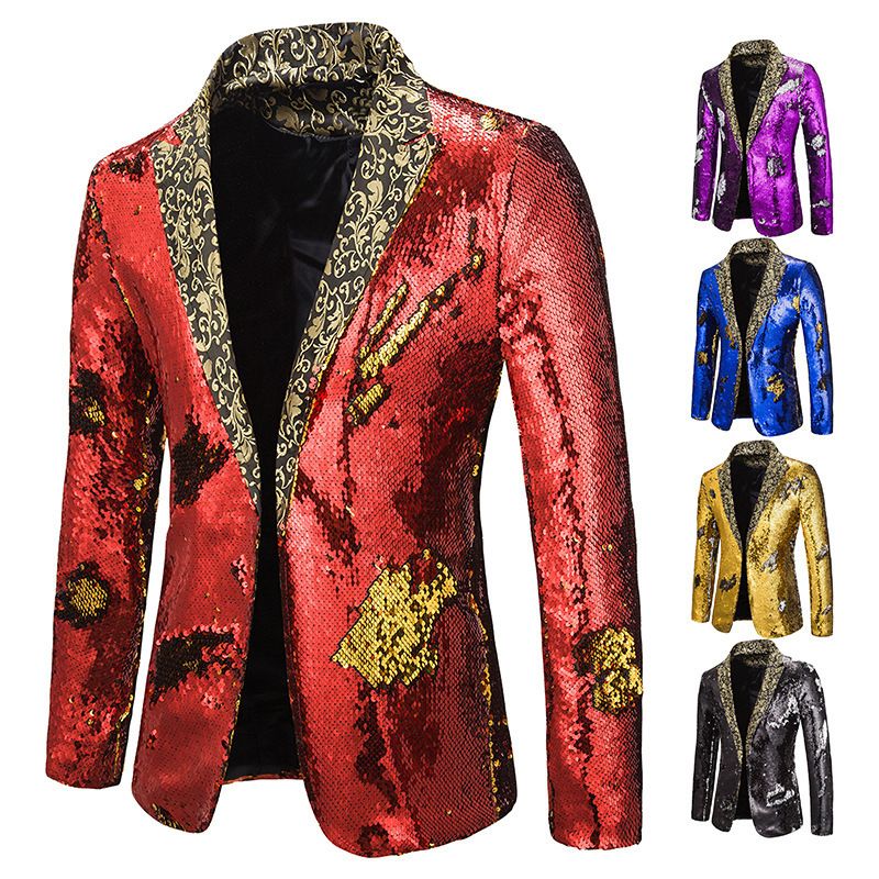 Giacca da uomo in paillettes bicolore autunno e inverno, piccola e comoda, per spettacoli, cantante da discoteca, completo da uomo_voghion.com