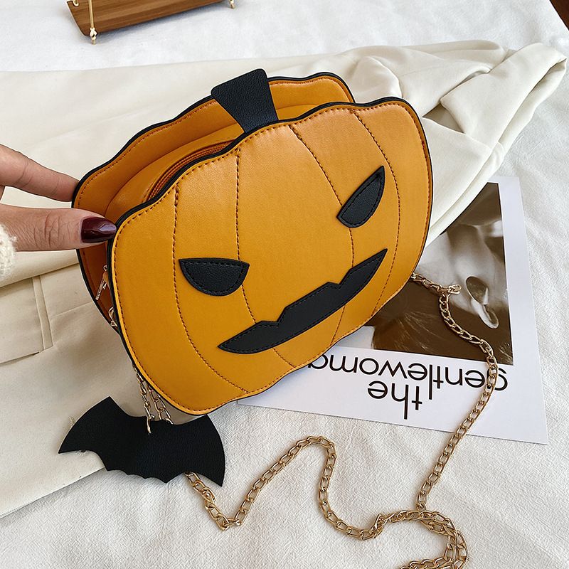 Borsa a tracolla con zucca glitterata a tema Halloween per donna - Borsa a tracolla in PU riflettente retrò con tasche con cerniera, accessorio alla moda e divertente_voghion.com