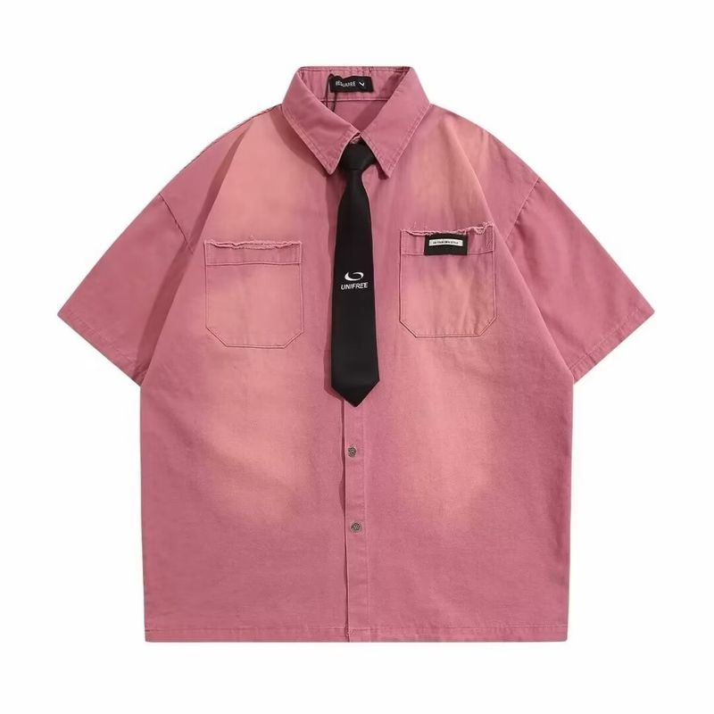 Gradient Casual Shirt Men's Short Sleeve - Loose Fit V-Neck Summer Top With Detachable Tie | Breathable Poly-Cotton Blend | Streetwear Style_voghion.com