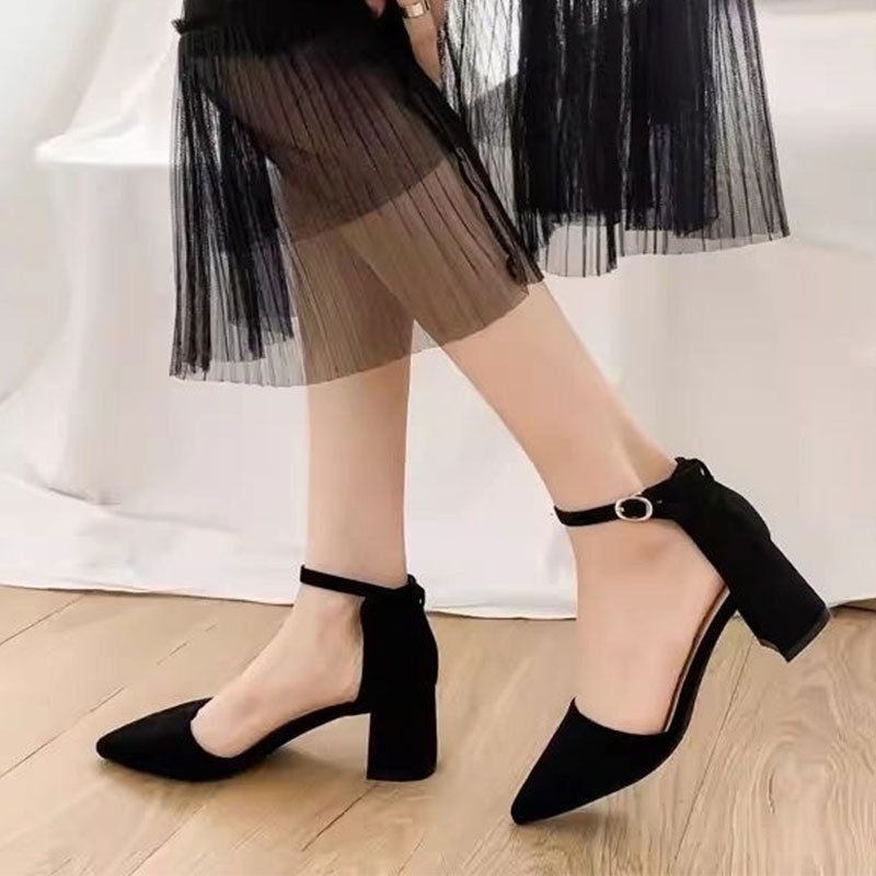 Professional Pointed High Heels One Strap Chunky Mid Heel Single Shoes Fairy Style 2025 Spring New Closed Toe Sandals_voghion.com
