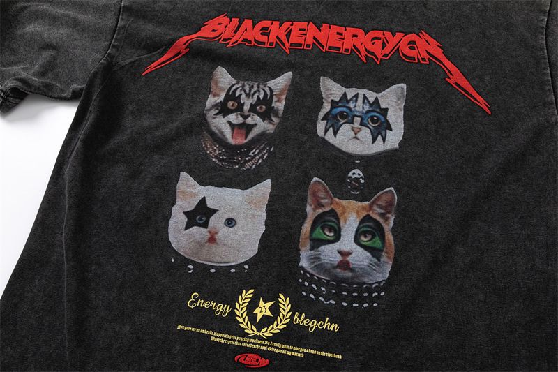 Tricou amuzant și distractiv cu imprimeu de pisicuță, cu mânecă scurtă, trend hip-hop, de vară, pentru bărbați, spălat, distressed, cu mânecă scurtă_voghion.com