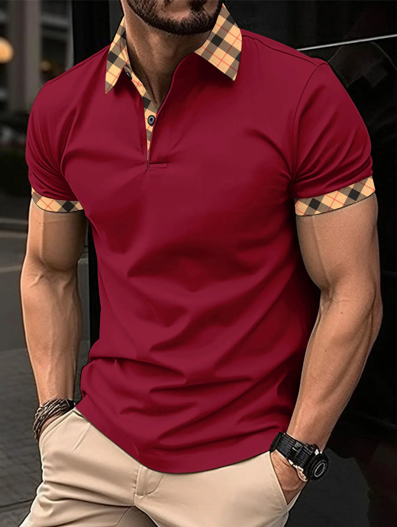 Camisa polo masculina slim fit - gola xadrez casual | Camiseta fashion de manga curta_voghion.com