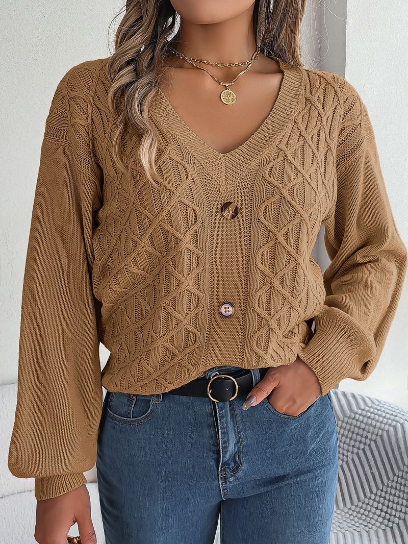 Maglione pullover con maniche a lanterna intrecciate e bottoni casual stile autunno inverno per donna_voghion.com