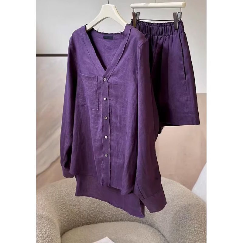 Abbigliamento donna 2024 nuovo temperamento abito estivo ampio e attillato con un set completo di pantaloncini viola in ramia e completo in due pezzi per donna_voghion.com