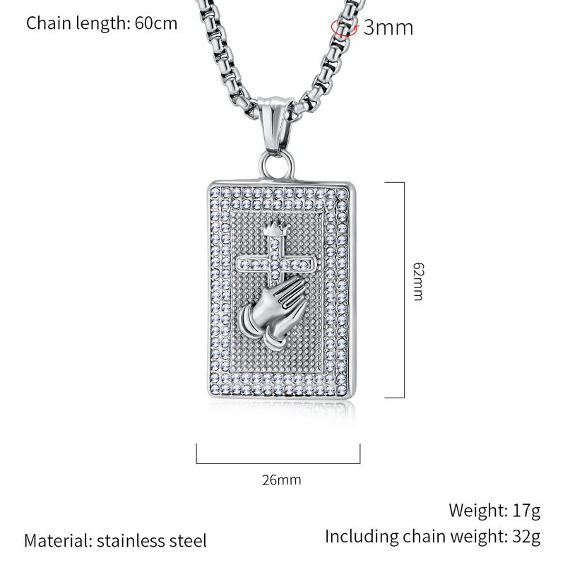 Hiphop praying hands cross full diamond titanium steel necklace plated K pendant_voghion.com