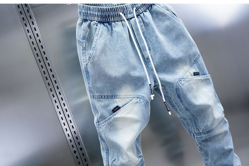 Men's Multi-Pocket Work Jeans – Loose Cuff Washed Denim Pants, Retro Utility Style With Nine-Point Harem Fit_voghion.com