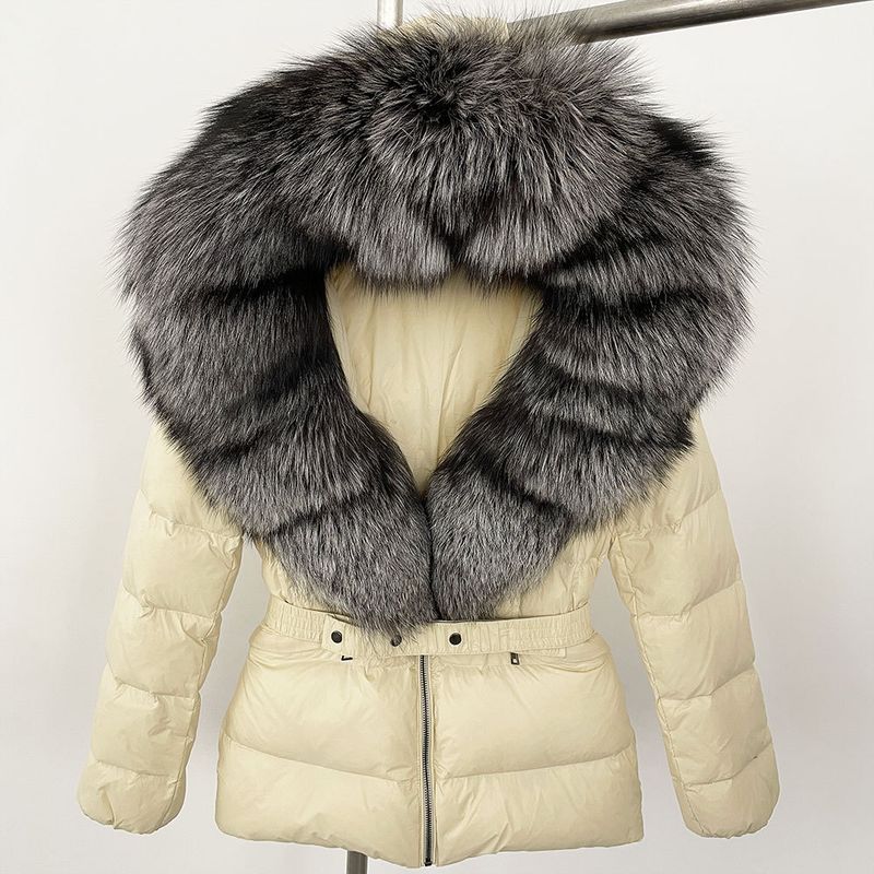 Nuovo stile caldo del commercio estero, giacca corta da donna con collo in vera pelliccia di volpe, giacca in piumino con vita sottile e spessa_voghion.com