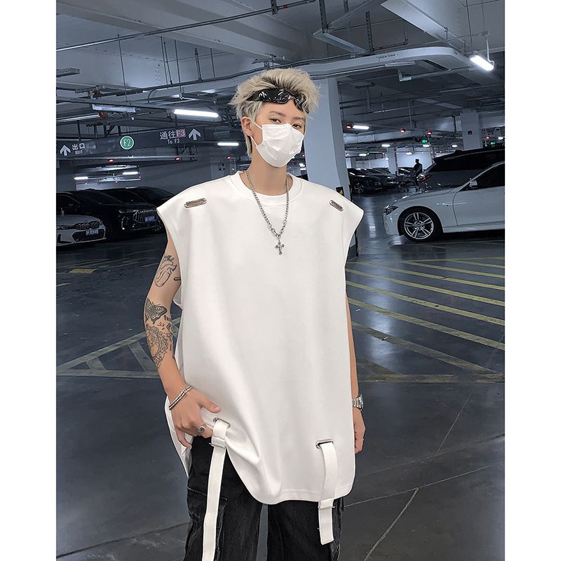 High Street Sleeveless T-shirt With Small Neckline Design, Camisole, Men's Trendy Summer American Short Sleeved Shirt_voghion.com