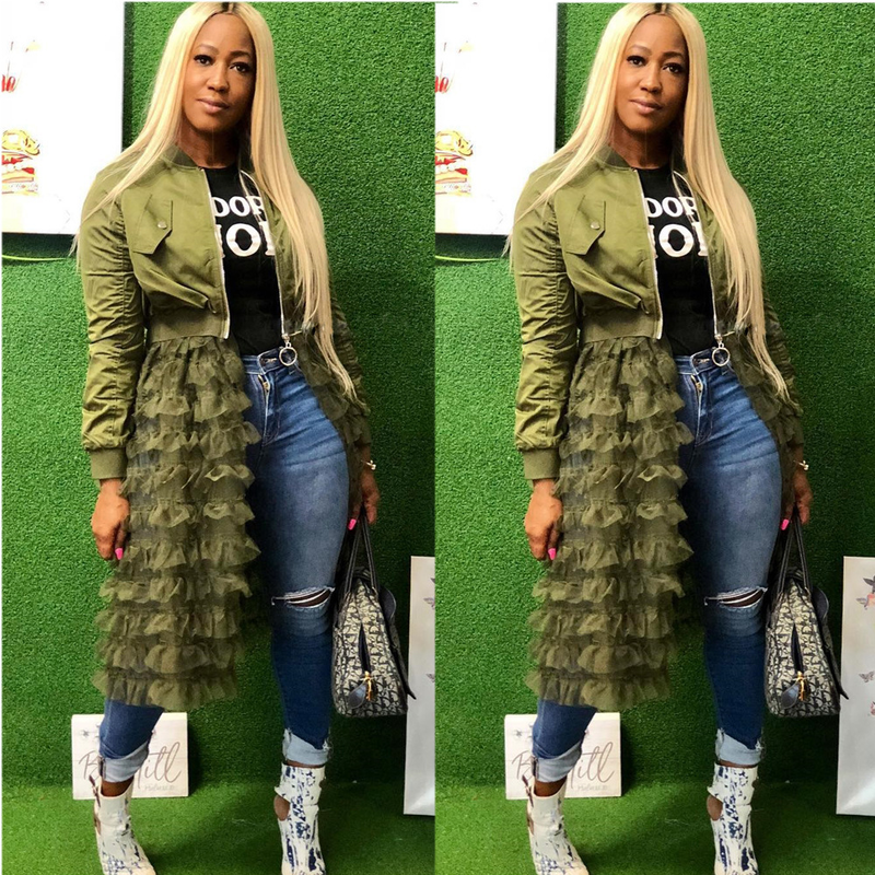 Women's fashion zipper solid color jacket + mesh lace skirt coat_voghion.com