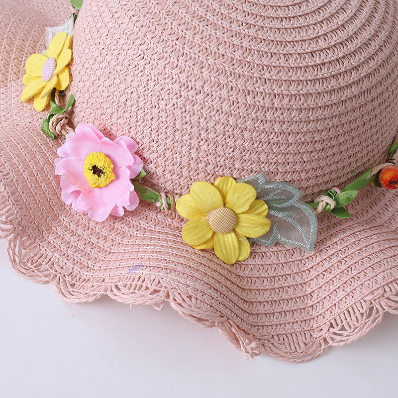 Børne stråpiges blomst, sommer åndbar bølgekant, skyggehat, beskyttelse af forældre-barn strand solhat taske_voghion.com