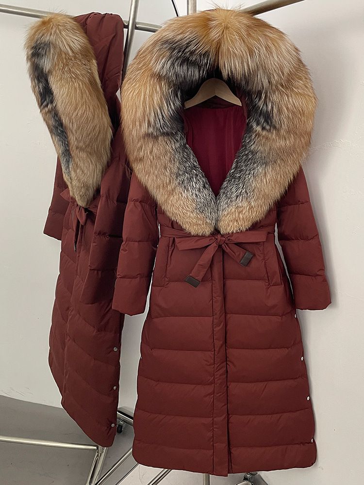 Women’s Long Hooded Down Coat With Detachable Fox Fur Trim, Belted Waist For A Slim Fit, Ultra-Warm Winter Jacket_voghion.com