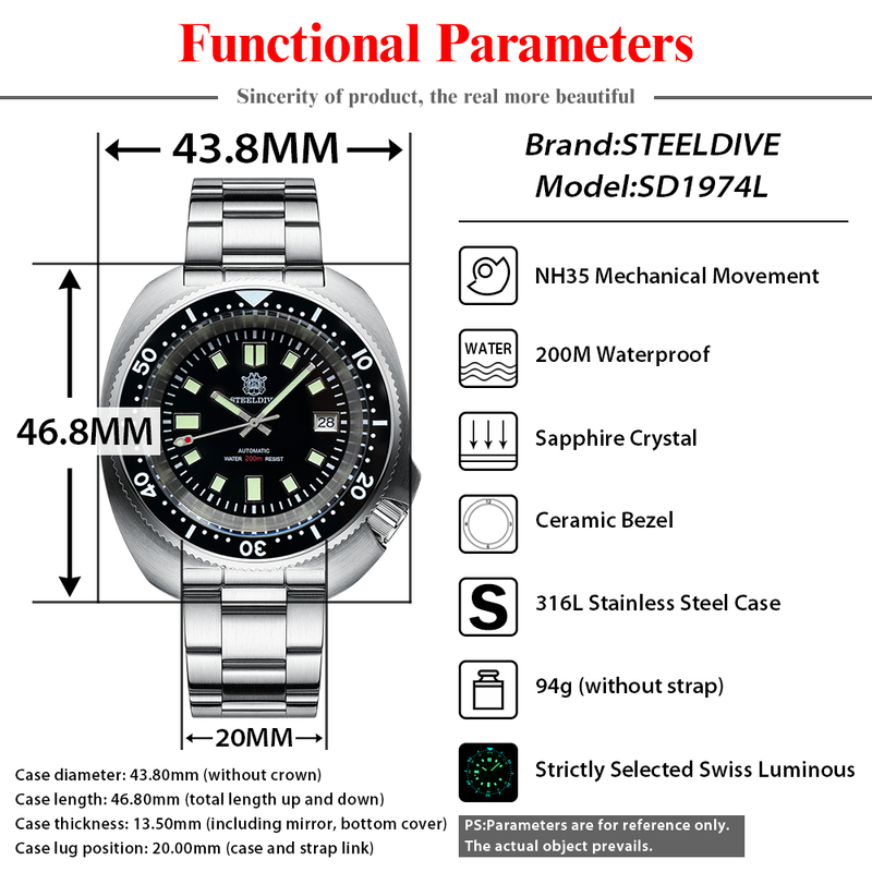 Nova chegada steeldive sd1974l relógio de mergulho mecânico safira cristal nh35 movt suíço luminoso 200m à prova dwaterproof água moda_voghion.com