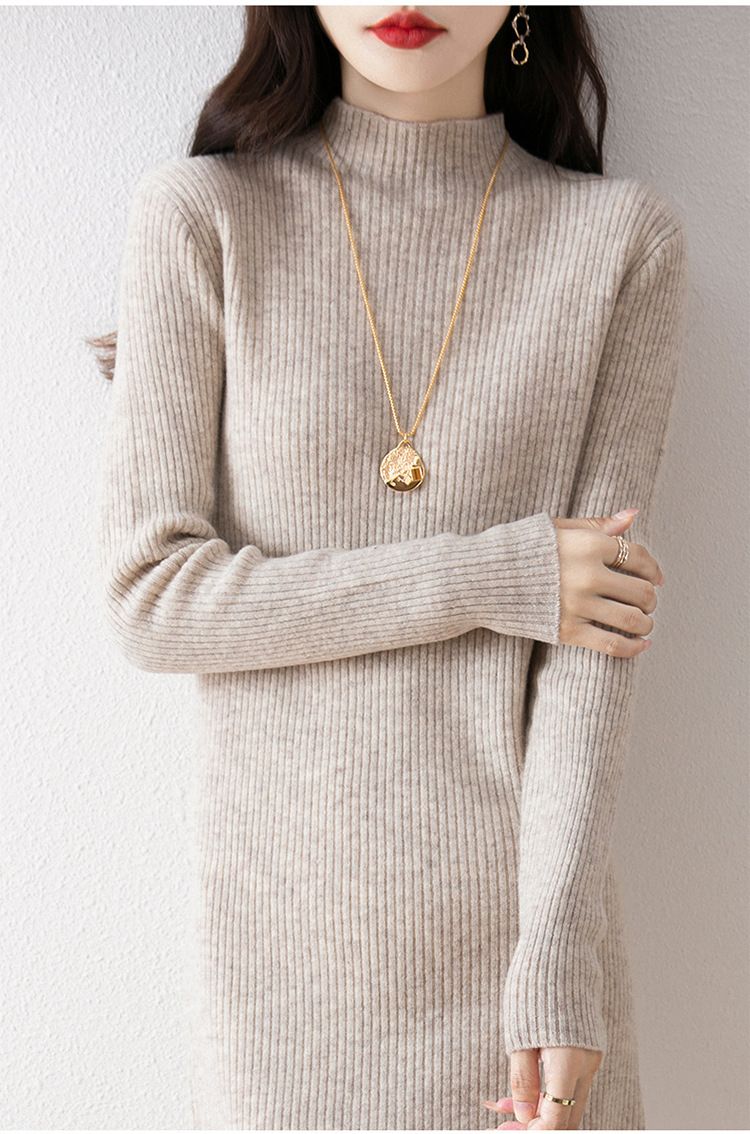 Halber Rollkragenpullover für Damen, Innenschicht für Herbst und Winter, elegantes, schmal geschnittenes, figurbetontes Pulloverkleid in mittlerer Länge_voghion.com