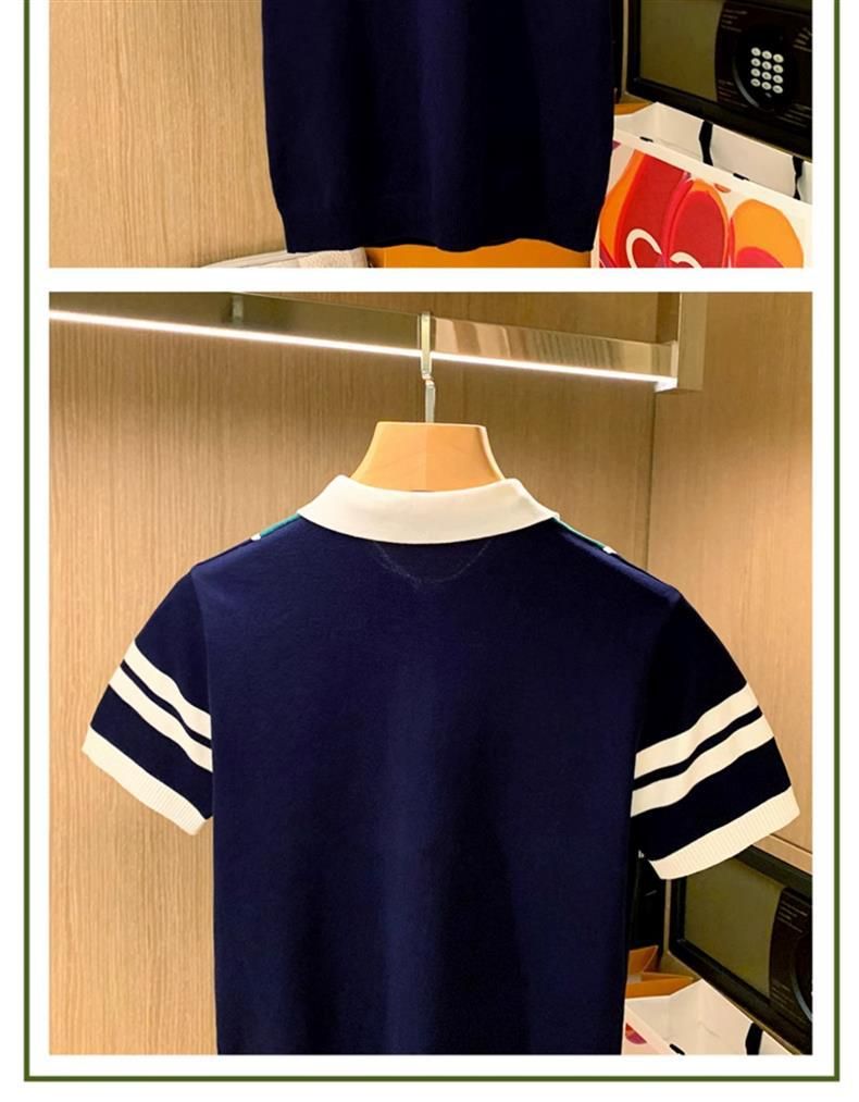 Herrenbekleidung Business Casual Kurzarm-T-Shirt Jugendmode Spleißen Gestrickte Tops Schlankes Poloshirt_voghion.com