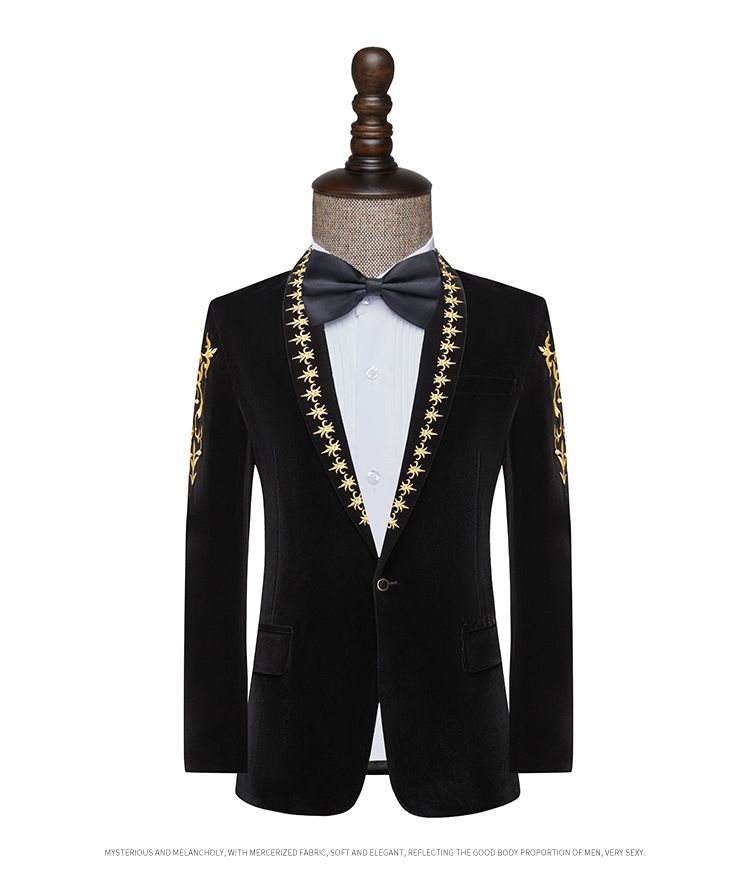 Herrenbekleidung Modische, eng anliegende Performance-Kleidung für Männer, Sänger, Bühnenauftritte, Hostess, Kunstprüfungskleid, samtschwarze Anzugjacke_voghion.com