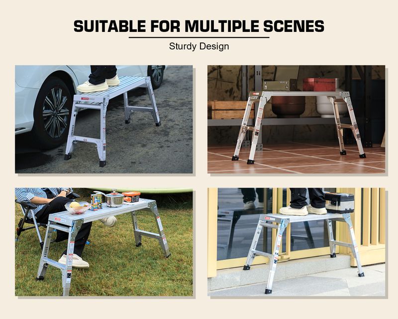 Aluminum Work Platform Large Size Step Stool Folding Portable Work Bench 40" Width Telescopic Feet 22" -27.5" Height Adjustable_voghion.com