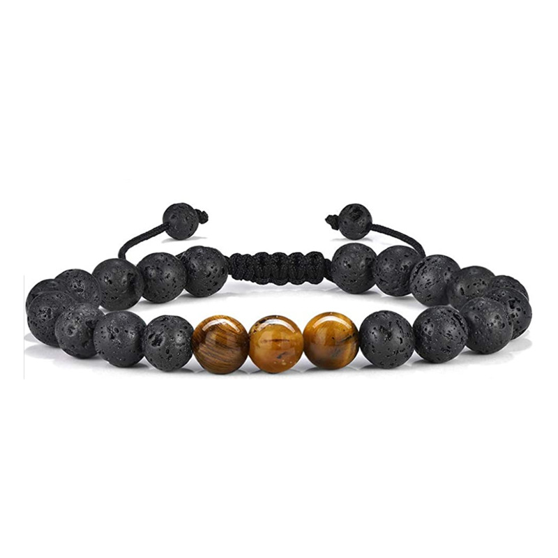2 pièces œil de tigre cadeau pour hommes 8mm pierre de lave Agate noire Bracelet tissé bijoux faits à la main_voghion.com