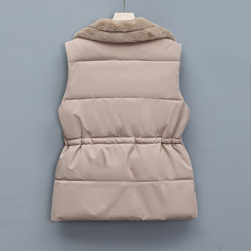 Premium gewatteerd mouwloos damesvest met inkeping in de kraag en trekkoord, verdikt gewatteerd gilet voor winterlagen (zwart, beige, koffie, kaki)_voghion.com