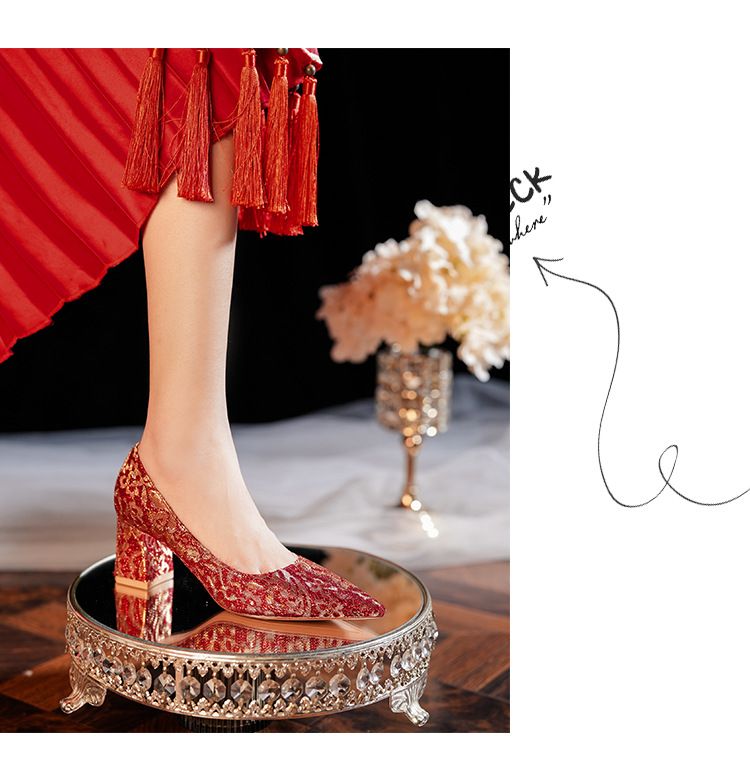 6555F Escarpins à talon compensé et bout pointu pour femme, chaussures de mariage sexy en dentelle française, collection 2025, escarpins à décolleté peu profond_voghion.com