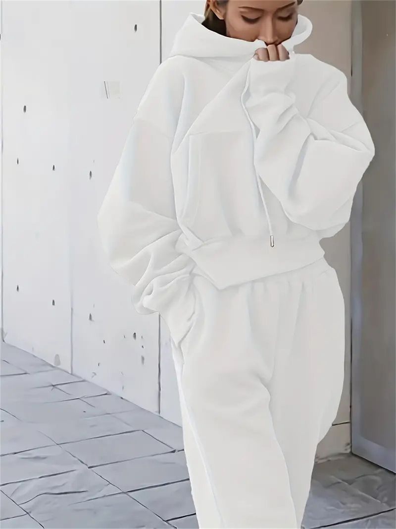 Conjunto esportivo de duas peças com capuz e calça casual de cor sólida para outono/inverno 2024 feminino_voghion.com