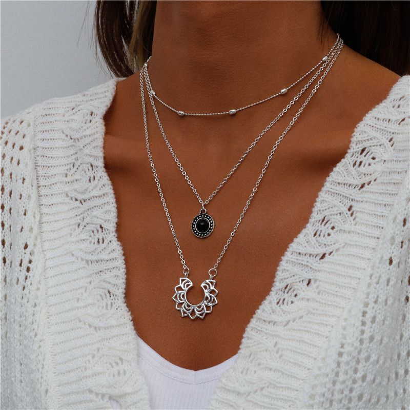 Sonnenblumen-Obsidian-Anhänger Schlangenknochen Mehrschichtige Schlüsselbeinkette Halskette für Frauen_voghion.com