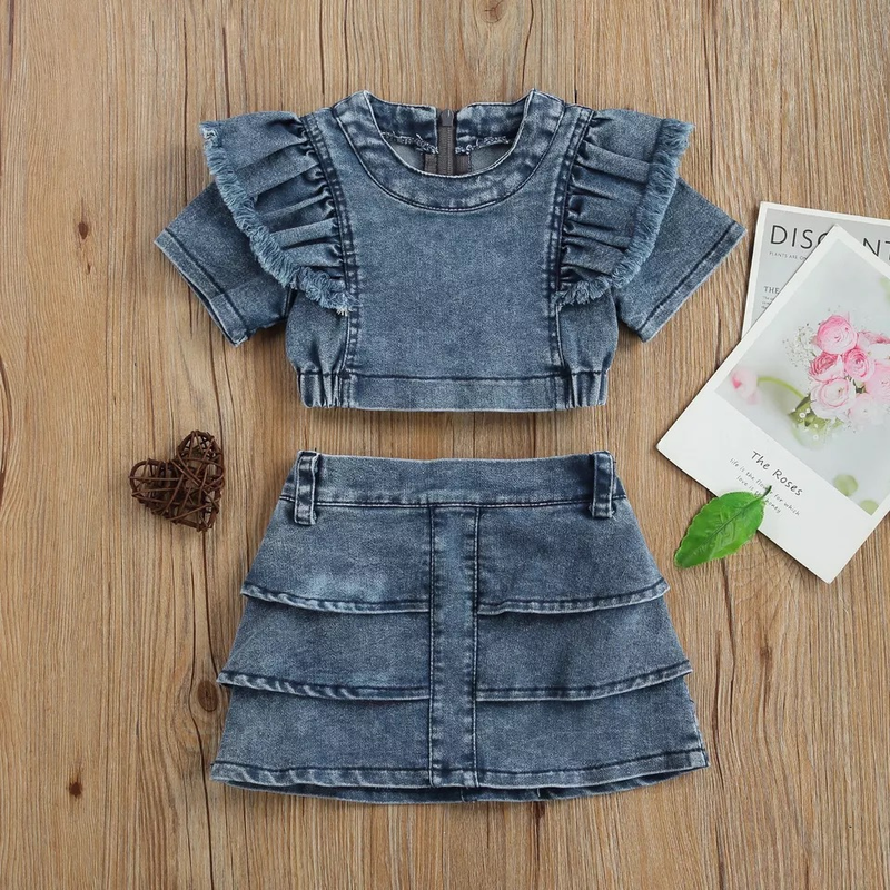 Baby Clothing Girls' dress denim short sleeve ruffled top short skirt two-piece set fashion_voghion.com