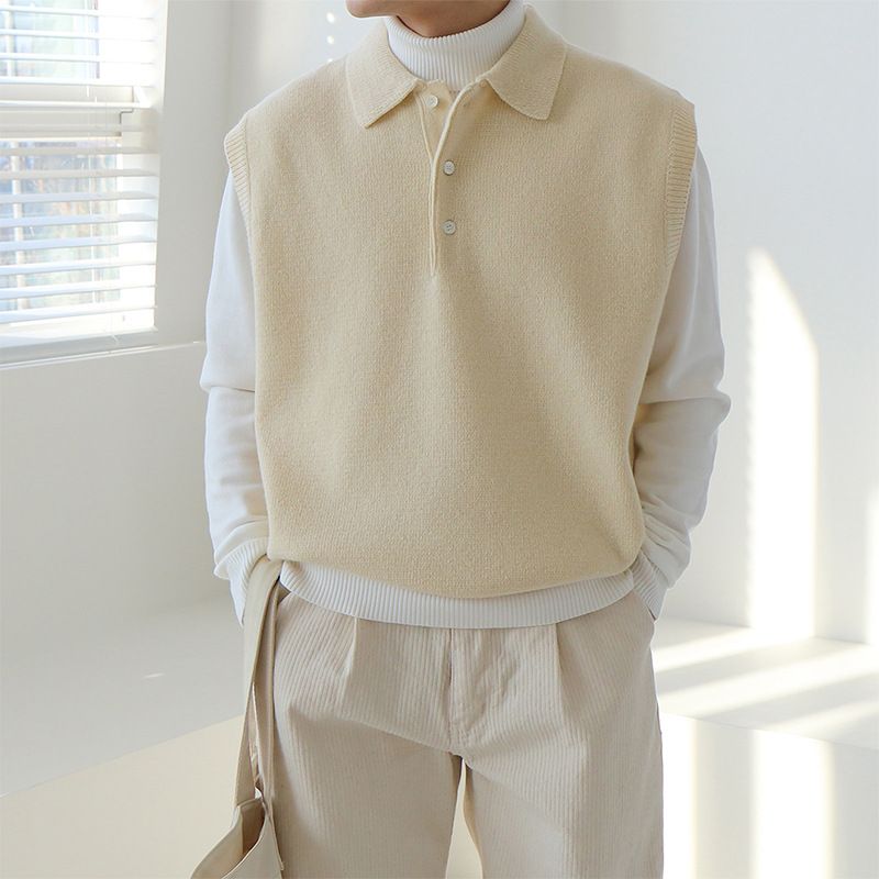 Frühlings-ärmelloser Umlegekragenpullover für Herren, lockerer koreanischer Stil, trendige, vielseitige Strickweste, Weste_voghion.com