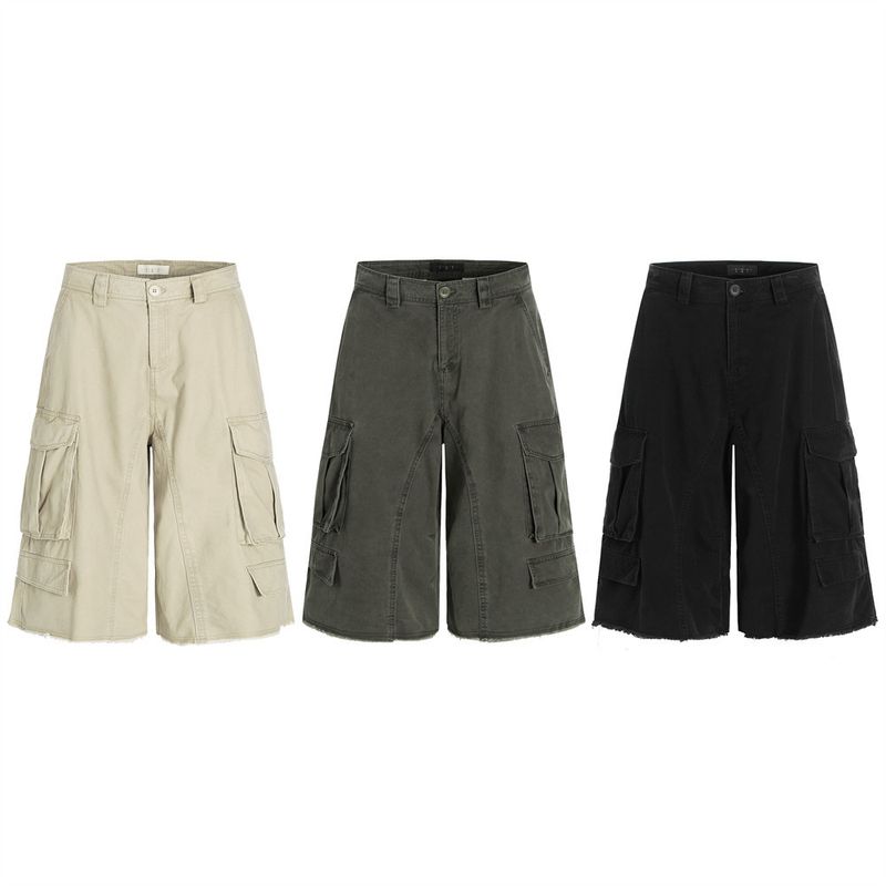 Abbigliamento da uomo, pantaloncini estivi da uomo con gamba larga, tasche larghe, bordi grezzi e design tinta unita, punk e usurati_voghion.com