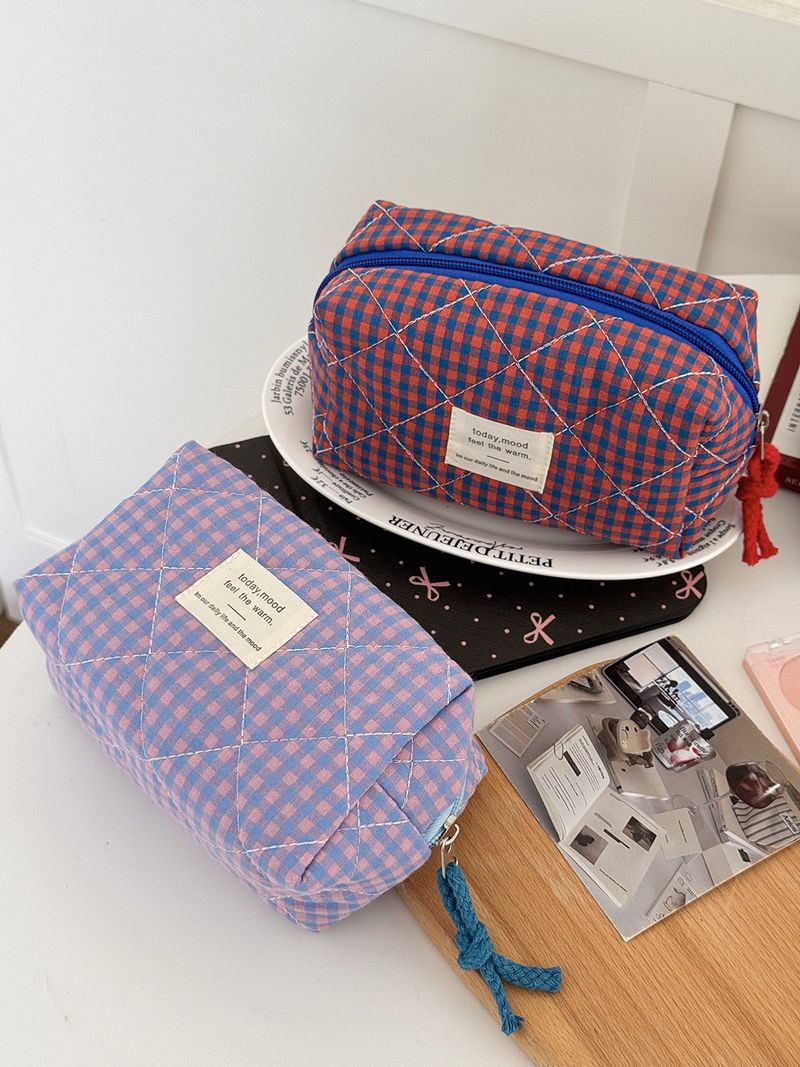 Kosmetiktasche in Kontrastfarbe mit Karomuster, hochwertige, neue gesteppte Aufbewahrungstasche, tragbare Hand-Kulturtasche mit großer Kapazität_voghion.com