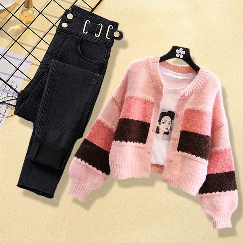 Conjunto de dos piezas para mujer: cárdigan de punto con bloques de color y vaqueros de cintura alta, conjunto informal inspirado en el té (M-4XL)_voghion.com