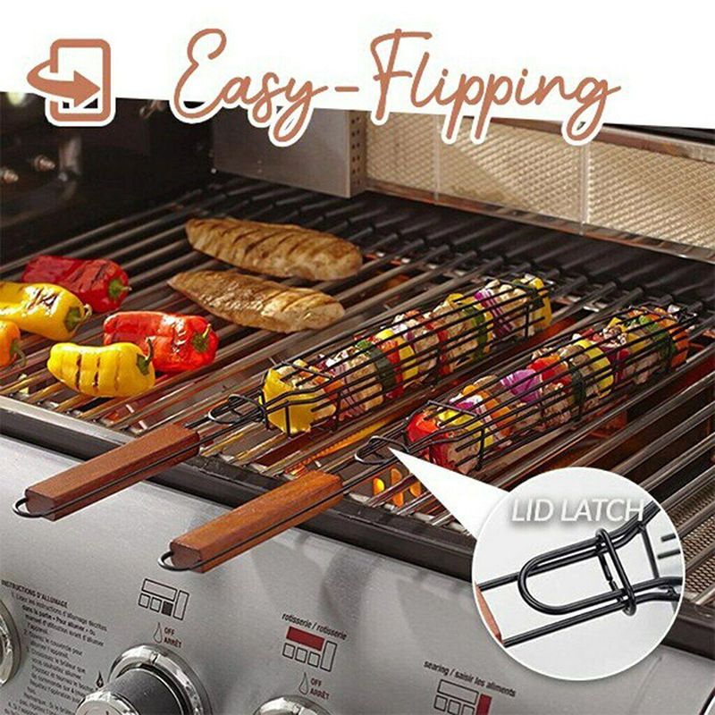 2PC Barbecue Basket Bar Shape Iron And Wood Skewer 45cm Basket Outdoor Barbecue Utensils Portable Kabob BBQ Grilling Basket BBQ Tools_voghion.com