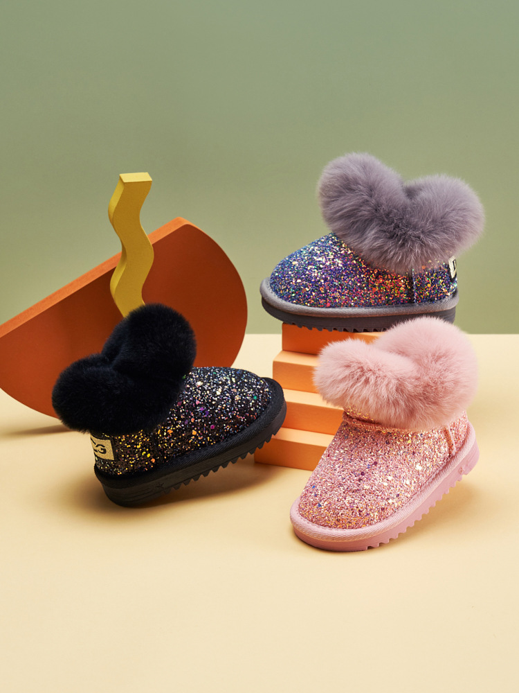 Mädchen-Schneestiefel, Leder und Fell integriert, wasserdichte Kinder-Plüsch-Winterschuhe, Kinder-Baumwollstiefel, klein_voghion.com