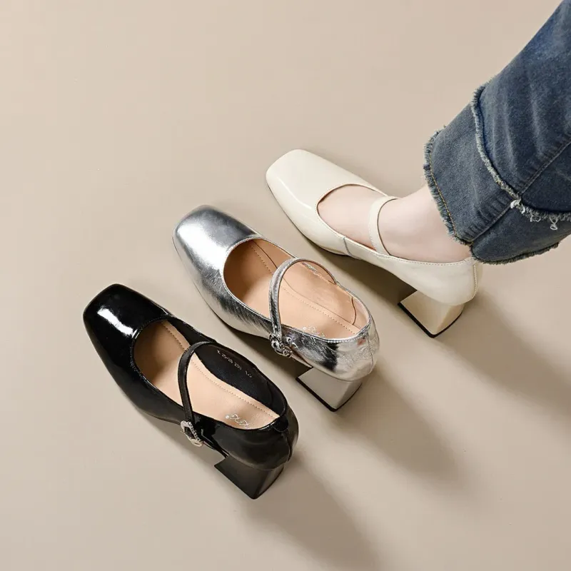 Square Toe High Heels For Women 2025 Spring New One-Strap Mary Jane Simple Elegant Patent Leather Shallow Mouth Single_voghion.com