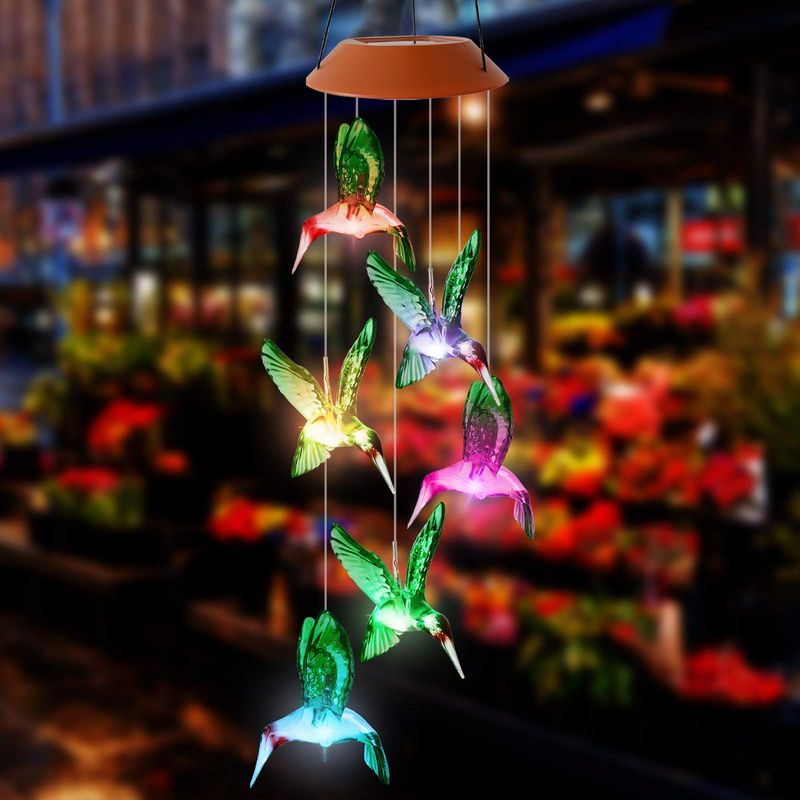 Nuovo campanello eolico solare da esterno con luce LED colorata sfumata, colibrì, conchiglia rossa, piccolo uccello colorato_voghion.com