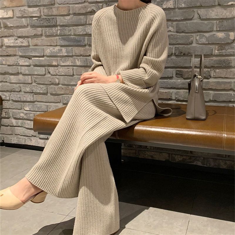 Women's Clothing Large size suits for women two piece suits autumn new fashion high end loose knit sweaters sweaters wide leg pants_voghion.com