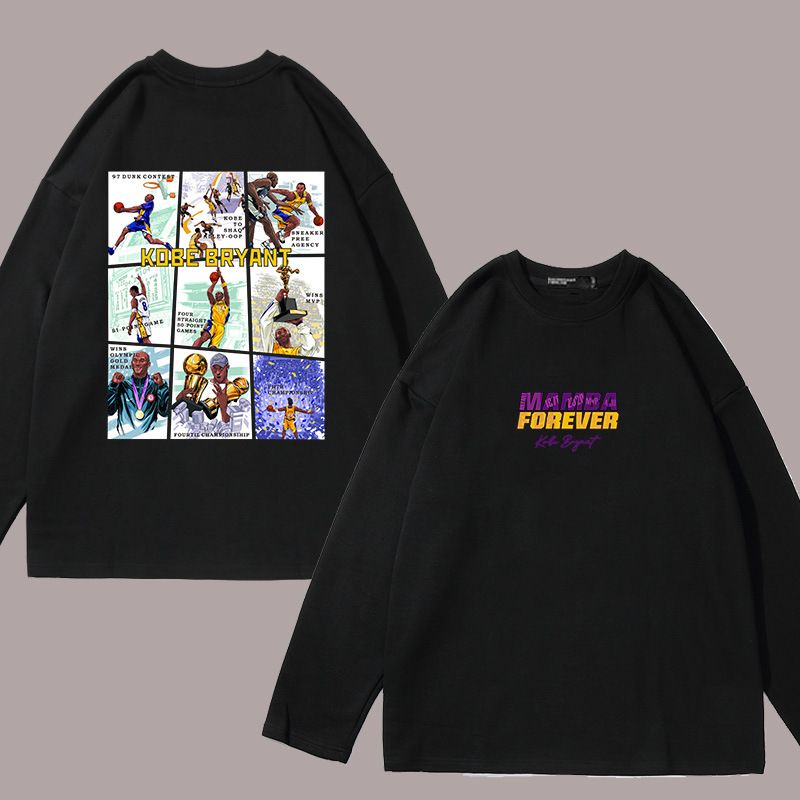 Fronte Retro Stampa Grande e Basket Kobe Nine Grid Maglietta a Maniche Lunghe per Uomo e Donna, Larga in Puro Cotone alla Moda_voghion.com