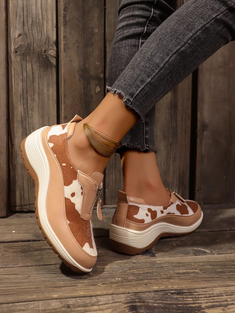 Damenschuhe große Freizeitschuhe farblich passende Leopardenmuster Keilabsatz dicke Sohle runde Zehen Slip-On-Schuhe_voghion.com