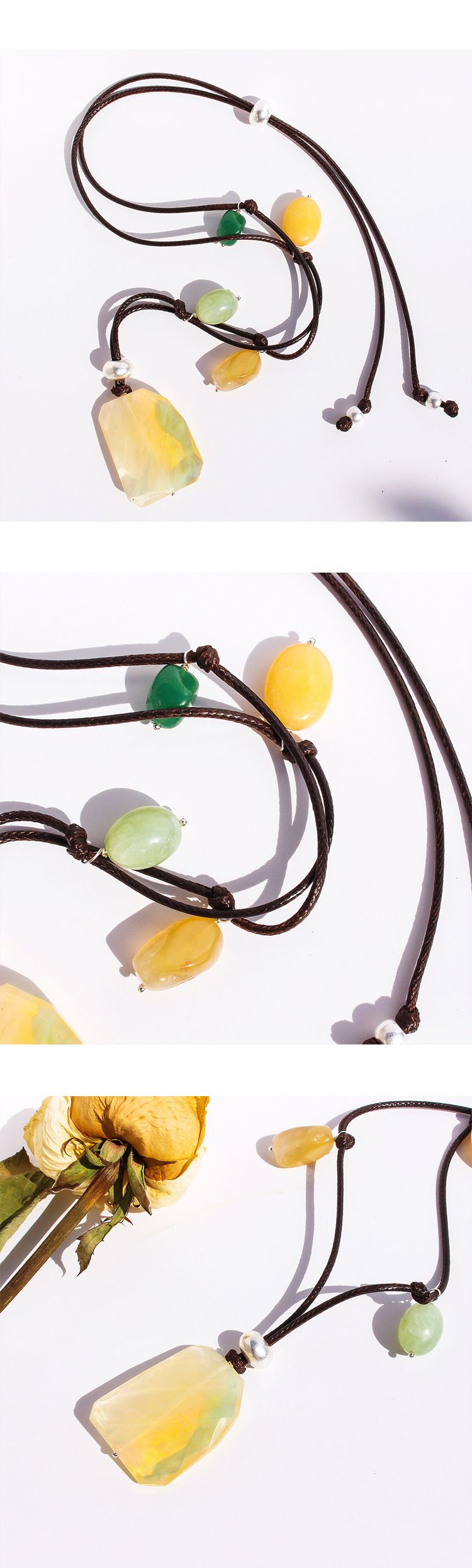 Women's Jewelry Long Statement Necklace With Natural Stone Pendant, Handmade Brass Beaded Boho Summer Fashion Accessory For Vacation_voghion.com