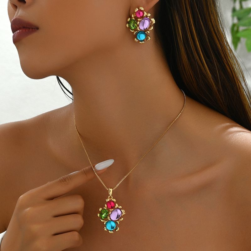 Small Fresh Korean Style Ladies Long Necklace Earrings Set Personality Inlaid With Colored Gemstones Irregular Clavicle Chain Earrings_voghion.com