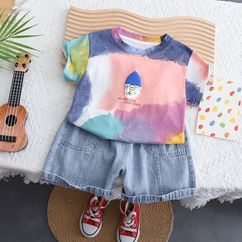 2024 Neue Sommer Jungen Rundhals Krawatte gefärbt bedruckt Kurzarm bequeme Cowboy Baumwollshorts Zweiteiliges Set_voghion.com