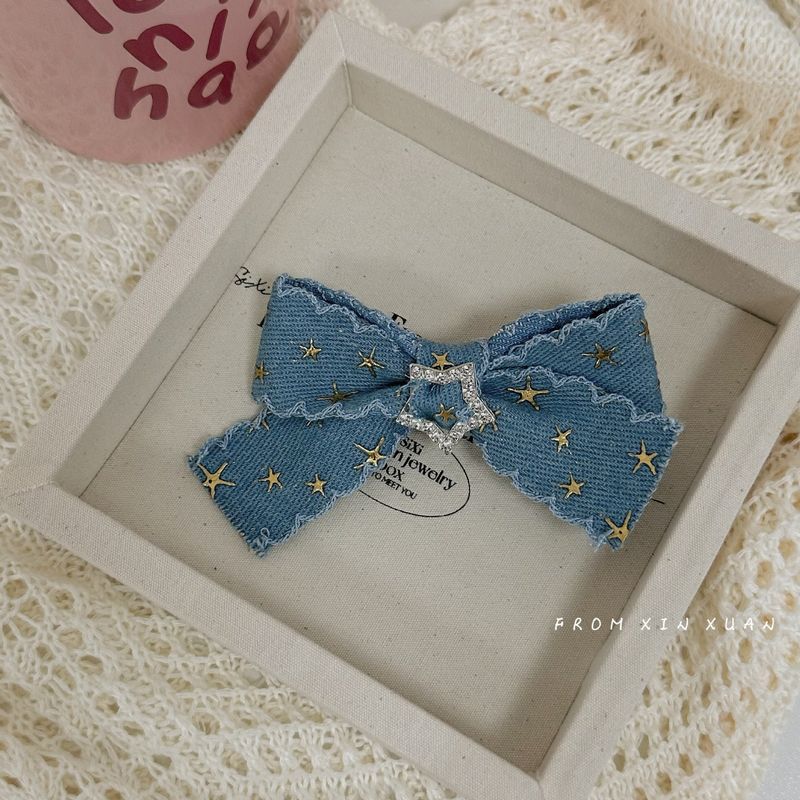 Forcina per capelli con fiocco in denim retrò, design per ragazze, clip con stella e strass, accessori per capelli alla moda Y2G, copricapo_voghion.com