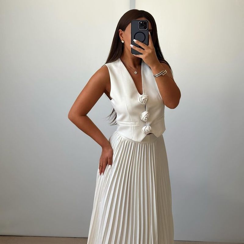 Damenbekleidung, neue Anzüge für Damen, Sommer, ärmellose Weste, halblanger, plissierter langer Rock, zweiteiliger Anzug_voghion.com