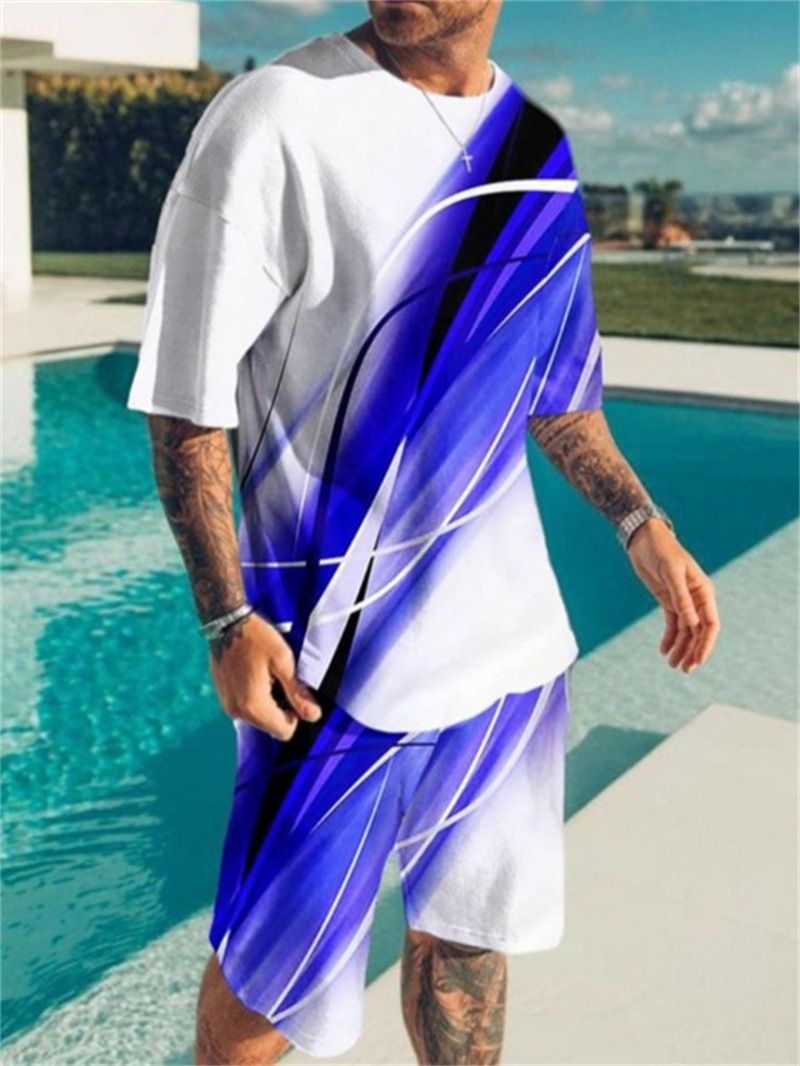 2023 Summer Mesh Set for Men's Trendy Casual Beach Style 3D Digital Printed T-shirt and Shorts_voghion.com
