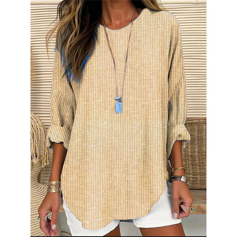 Women's Casual Loose-Fit Striped Woven Top With Round Neck – Comfortable Long Sleeve Blouse For Spring & Everyday Wear_voghion.com